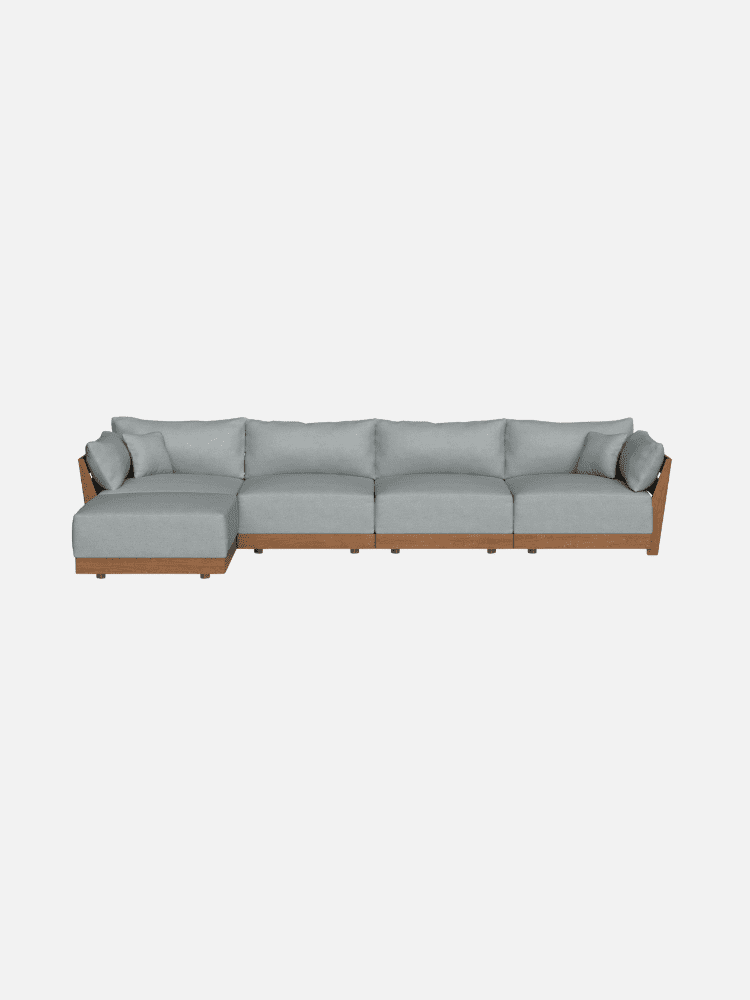 A modern sectional sofa with light gray cushions, a wooden base, and a left-side chaise lounge, shown against a plain white background.