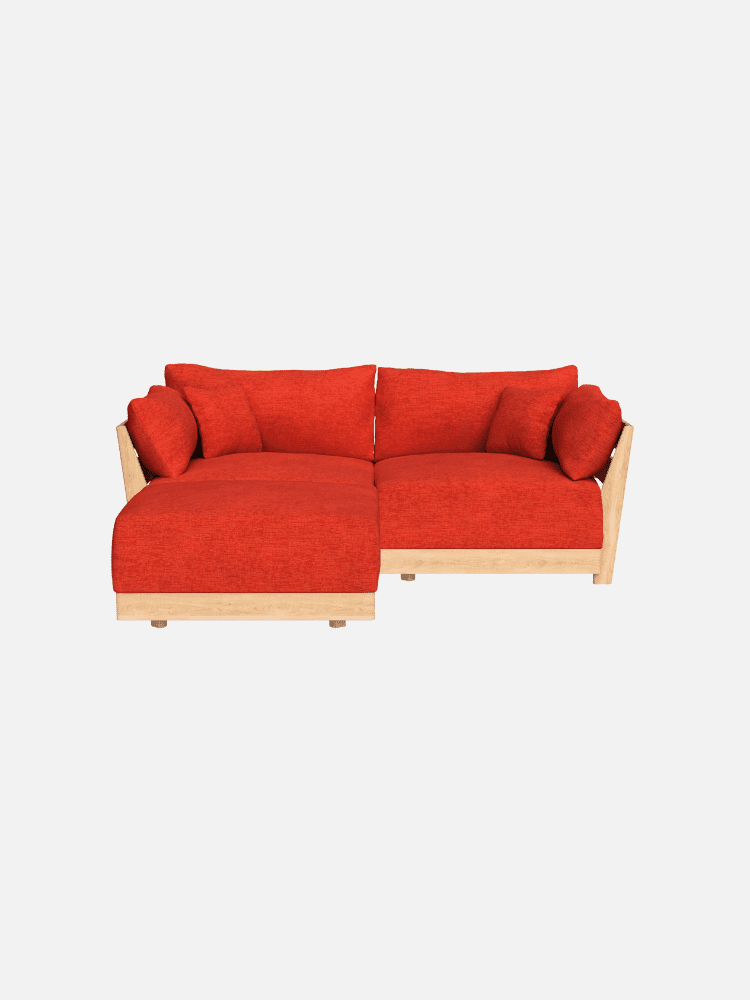 A modern wooden-framed sofa with bright red cushions and pillows, featuring a left-side chaise lounge against a plain white background.