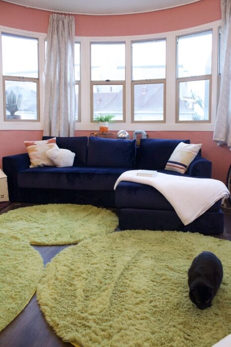 A black cat sits on a green rug in front of a blue sectional sofa with pillows in a living room featuring pink walls and large windows.