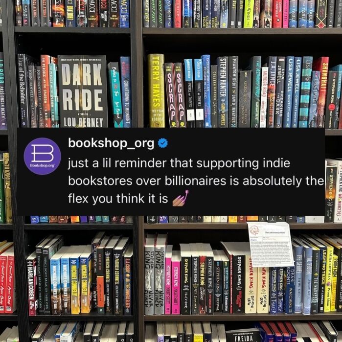 A bookshelf filled with various books; an overlaid message encourages supporting independent bookstores instead of large corporations.