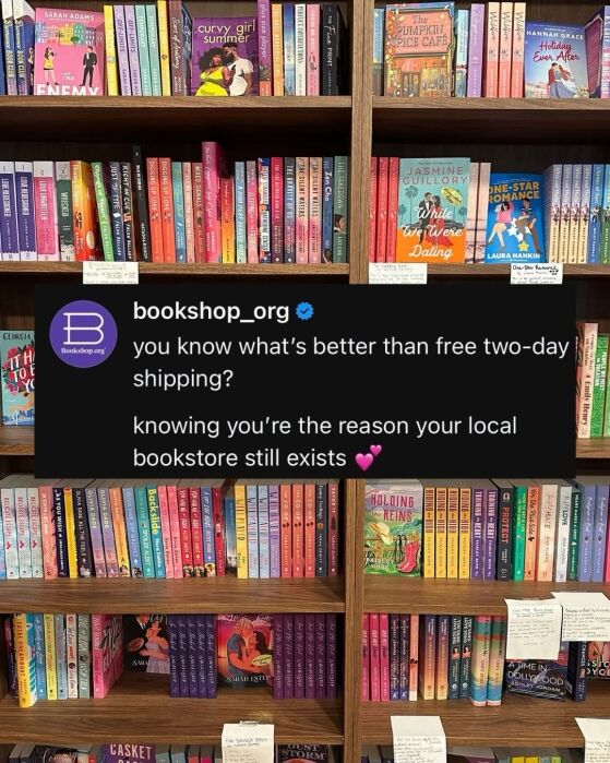 Bookshelves filled with colorful books; a social media post overlay says supporting local bookstores is better than free shipping.