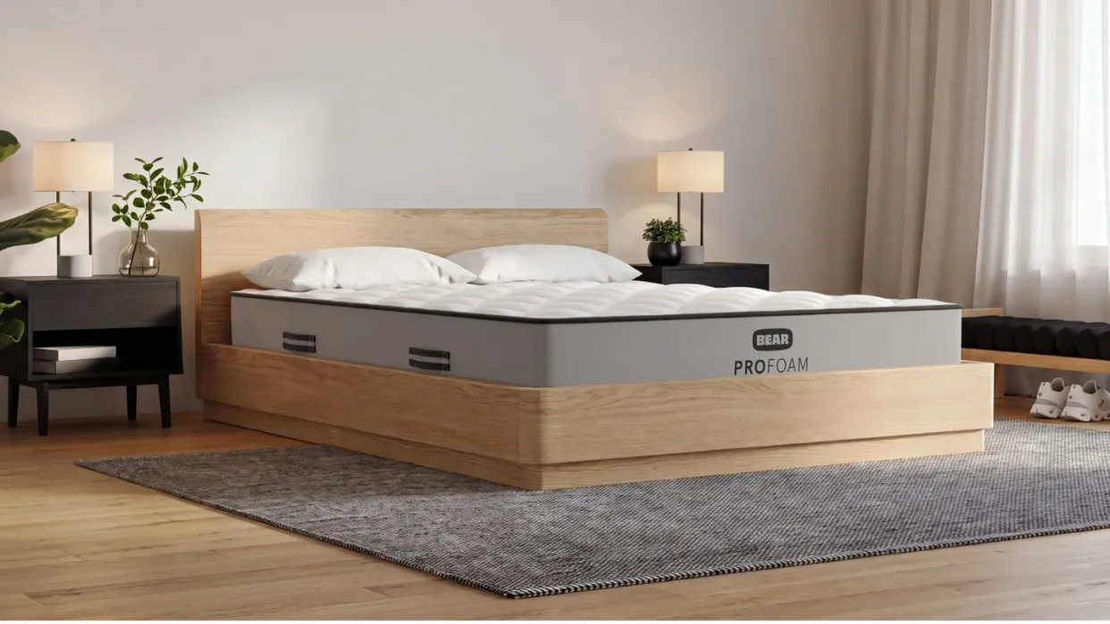 Modern bedroom with a wooden platform bed featuring a Bear ProFoam mattress, white bedding, two nightstands with lamps, and a large window with curtains.