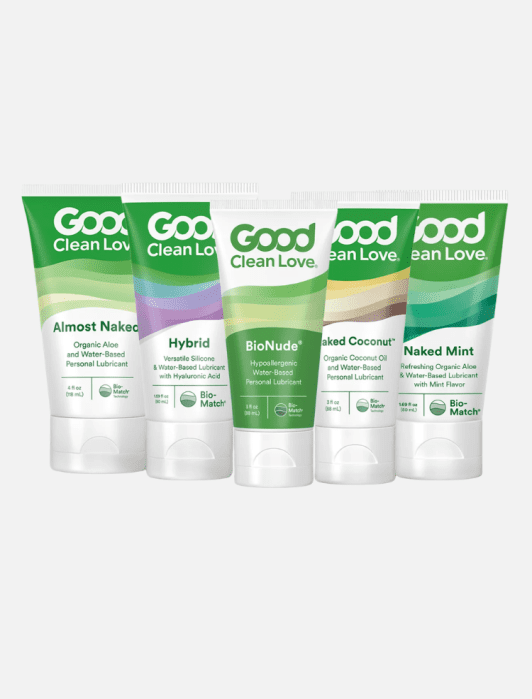 Five Good Clean Love lubricant tubes are lined up, each labeled with a different variety: Almost Naked, Hybrid, BioNude, Naked Coconut, and Naked Mint.