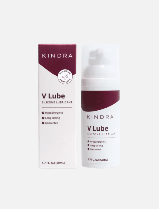 A bottle and box of Kindra V Lube silicone lubricant, 1.7 fl. oz, labeled hypoallergenic, long-lasting, unscented, and for sensitive skin.