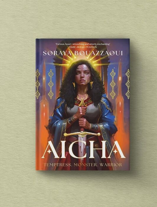 A book titled "Aïcha" by Soraya Bouazzaoui features an illustrated woman in ornate clothing holding a sword, with geometric patterns in the background. Subtext reads: "Temptress. Monster. Warrior.