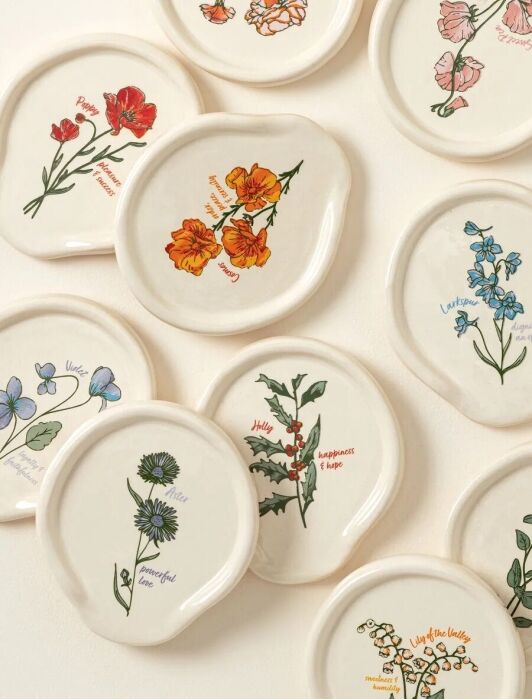 Several white ceramic plates with uneven edges, each decorated with colorful illustrations of different flowers and their names, are arranged on a light surface.