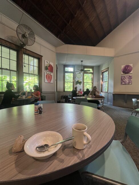 A mostly empty dining room with several people seated at tables, empty dishes on the closest table, and large windows letting in natural light.