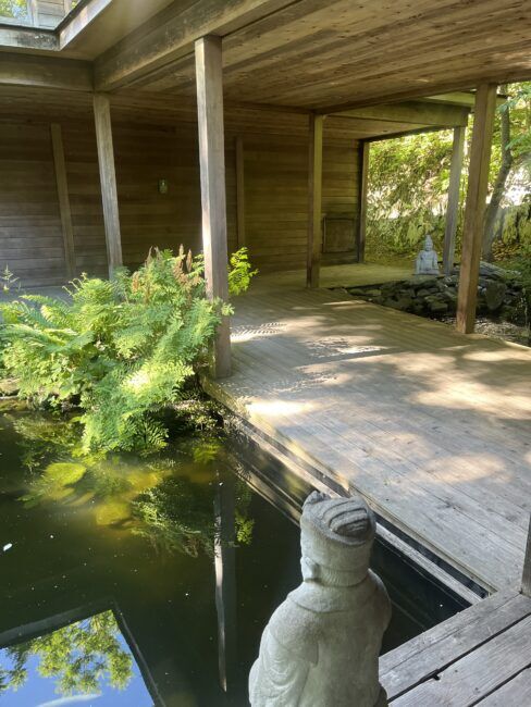 Wooden walkway with a pond, green ferns, and two stone statues, one by the water and one in the background, surrounded by trees and natural light.