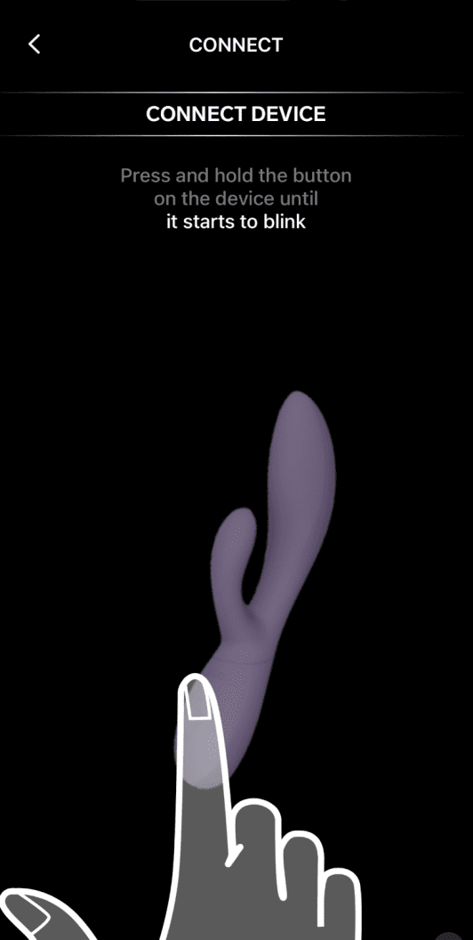 On-screen instructions show a finger pressing a button on a purple device to connect it, with the text: "Press and hold the button on the device until it starts to blink.