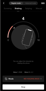 A smartphone app screen shows a shaking intensity meter set at 4 out of 16, with an illustration of a hand shaking a phone and mode set to "No Holding Back.