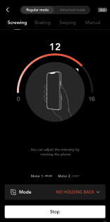 A smartphone screen shows a control interface for adjusting intensity by rotating the phone, with a meter set at 12 out of 16 and options for mode selection and motor control.