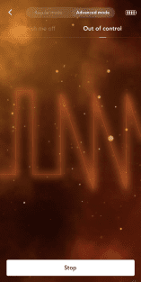 Abstract orange and brown background with scattered light spots, faint orange zigzag line, and interface text reading “Advanced mode,” “Out of control,” and a white “Stop” button at the bottom.