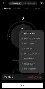 App interface showing a list of selectable modes for a device, with "BUILD ME UP" highlighted. Options include different names and a start button at the bottom.