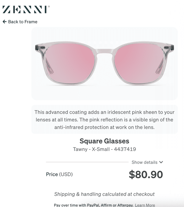 A pair of Zenni Square Glasses in X-Small with transparent frames and pink-tinted lenses, priced at $80.90.