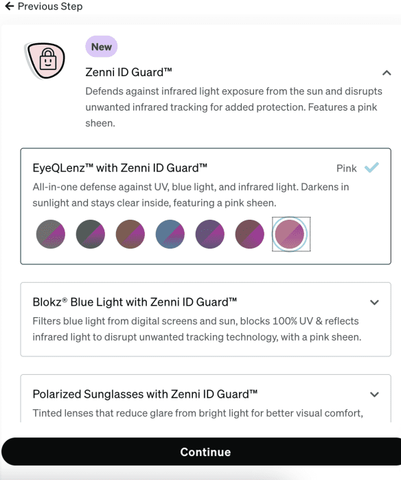 Screenshot of a selection menu showing four Zenni eyewear options, each with features to protect against blue light or infrared, and descriptions of their protective qualities. Continue button at bottom.