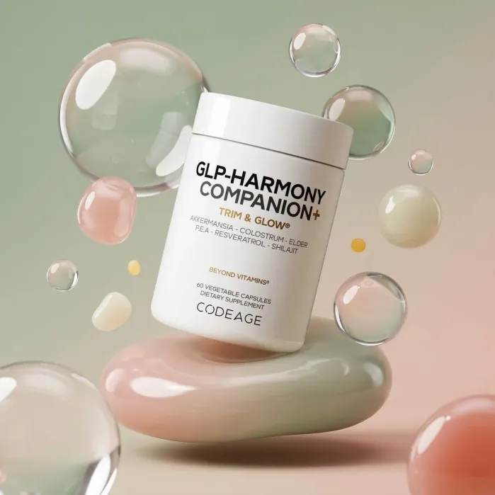 A white container labeled "GLP-Harmony Companion+ Trim & Glow+" by Codeage surrounded by colorful, translucent bubbles and soft pastel shapes.