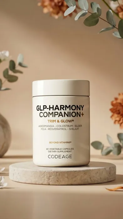 A container of Codeage GLP-Harmony Companion+ dietary supplement capsules is displayed on a stone slab with blurred flowers and leaves in the background.