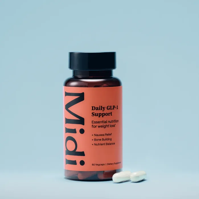 A bottle labeled "Midi Daily GLP-1 Support" with nutritional claims is shown on a blue background, alongside two white capsules.