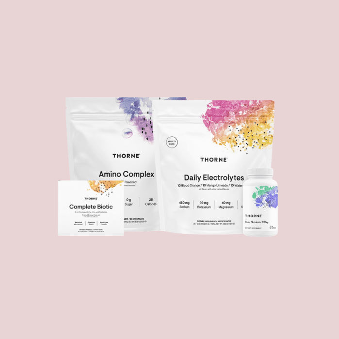 Four Thorne supplement products are displayed against a light pink background, including Amino Complex, Daily Electrolytes, Complete Biotic, and a bottle of FloraMend Prime Probiotic.