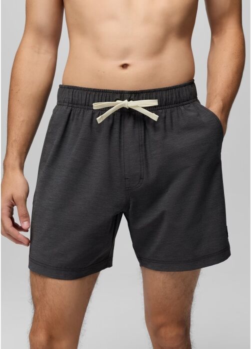A man wearing dark gray drawstring shorts with hands in pockets, shown from mid-torso to mid-thigh against a plain background.