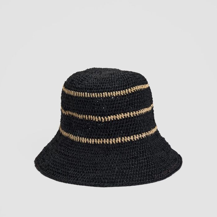 Black woven bucket hat with three horizontal tan stripes on a plain light gray background.
