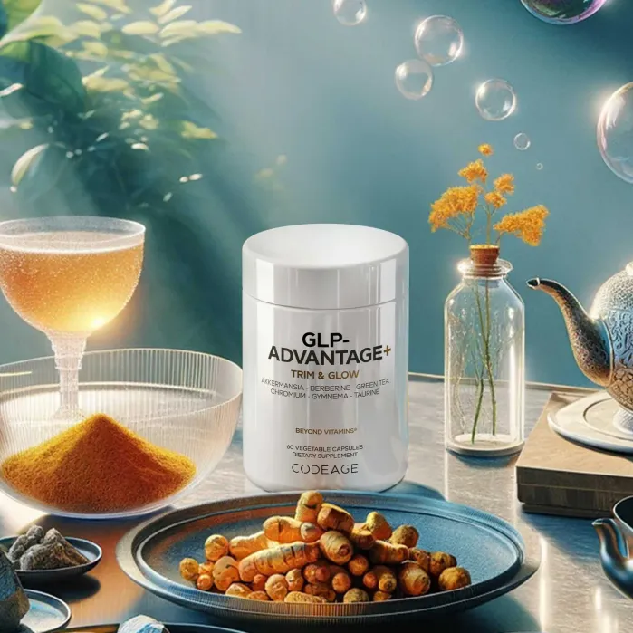 A bottle of GLP-ADVANTAGE+ Trim & Glow capsules is placed on a table with turmeric roots, a glass of drink, flowers, and sunlight streaming in.