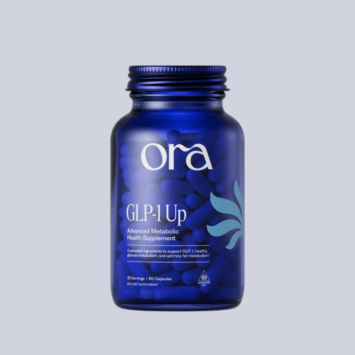 A blue bottle labeled "Ora GLP-1 Up Advanced Metabolic Health Supplement" contains 60 capsules for metabolic support.