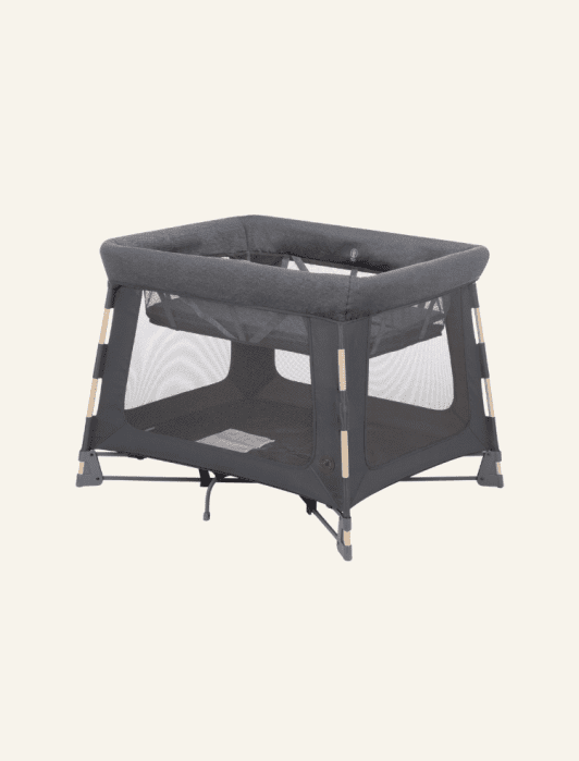 Gray portable baby playpen with mesh sides and a sturdy frame, set against a plain off-white background.