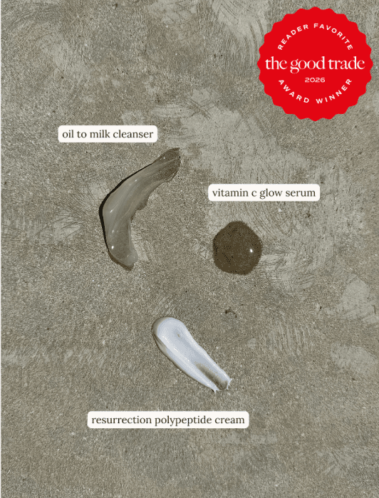 Three skincare products on a textured surface: oil to milk cleanser, vitamin C glow serum, and resurrection polypeptide cream. A red “Reader Favorite” award badge is in the top right corner.