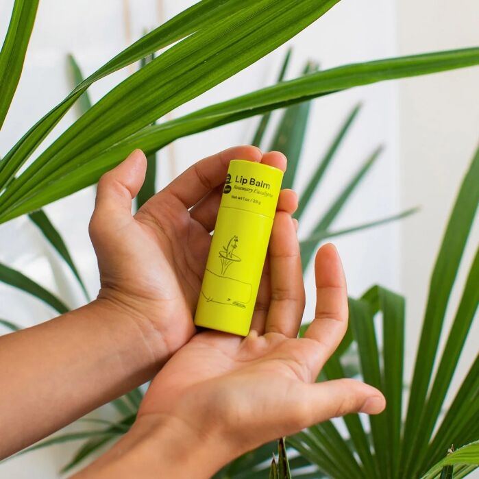 A person holds a yellow tube of lip balm with simple line art and text design. Green plant leaves are visible in the background.