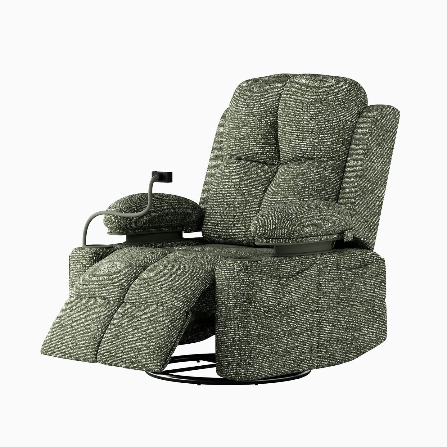 Gray upholstered reclining chair with a textured fabric, extended footrest, side table attachment, and round swivel base, shown against a plain white background.