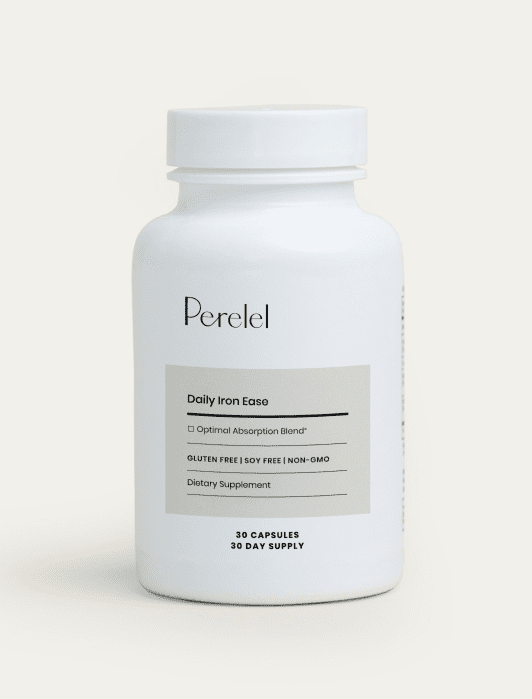 A white bottle labeled “Perel” Daily Iron Ease dietary supplement with 30 capsules for a 30-day supply.