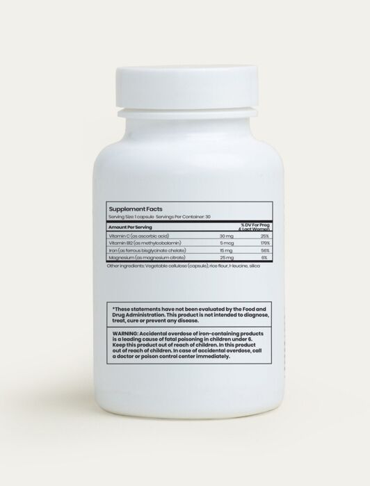 White plastic supplement bottle with a gray lid, featuring a label that displays supplement facts, ingredients, and cautionary statements in black text.