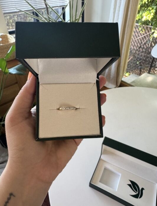 A hand holds an open black ring box containing a silver ring with small stones; another box lid and greenery are in the background.