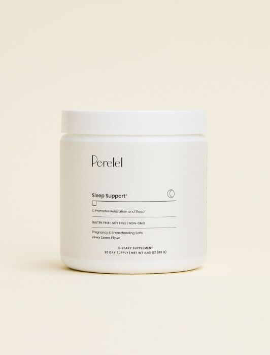 A white container labeled “Perelel Sleep Support” is shown against a plain beige background. The label mentions sleep support and dietary supplement details.