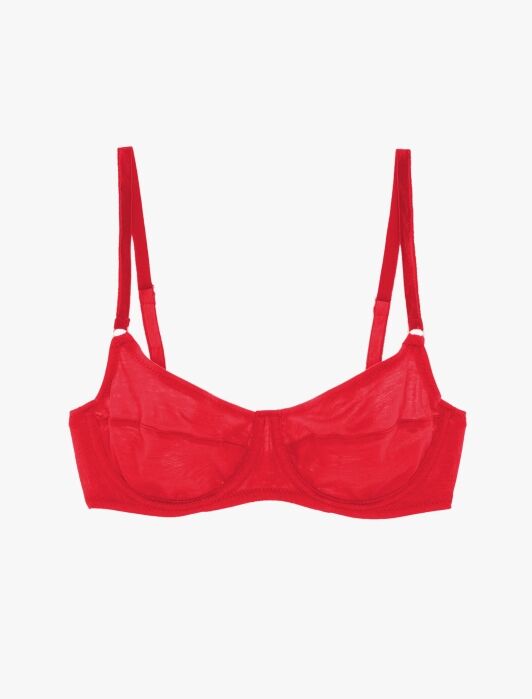 A red sheer bra with adjustable straps and underwire support, displayed on a plain white background.