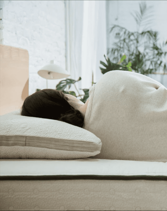 Person lying on their side in bed, wrapped in a light-colored blanket, with their head on a pillow. Indoor plants and a lamp are visible in the background.