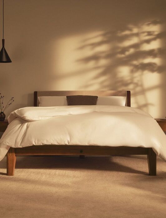 Minimalist bedroom with a wooden bed, white bedding, two nightstands, a pendant lamp, a potted tree, and sunlight casting shadows on the wall.