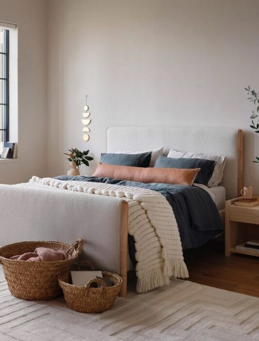 Modern bedroom with a beige bed, textured blankets, blue and rust pillows, woven baskets, a nightstand, and large windows letting in natural light.