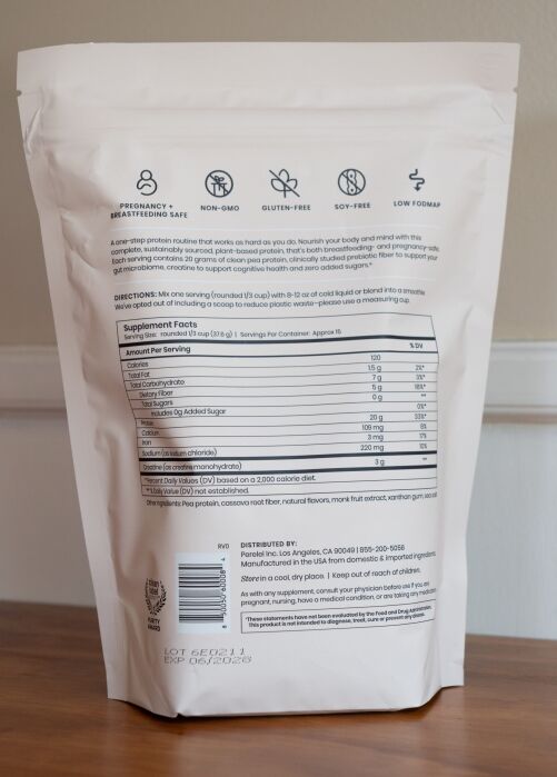 Back of a white supplement pouch displaying nutritional facts, ingredient list, directions, and icons for pregnancy safety, non-GMO, gluten-free, soy-free, and low FODMAP.
