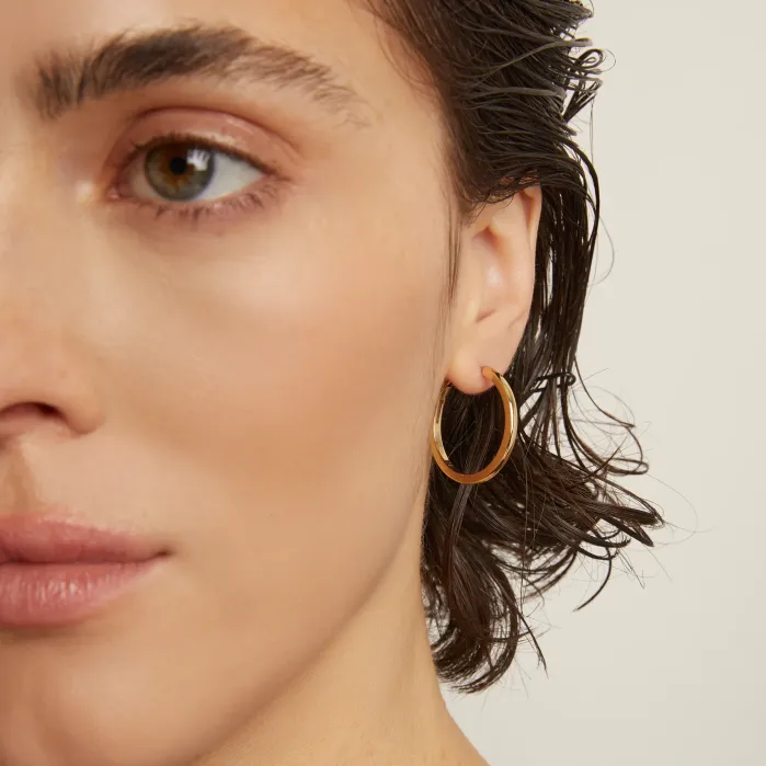 Close-up of a person with wet brown hair wearing a gold hoop earring, showing part of their face, ear, and neck against a plain light background.