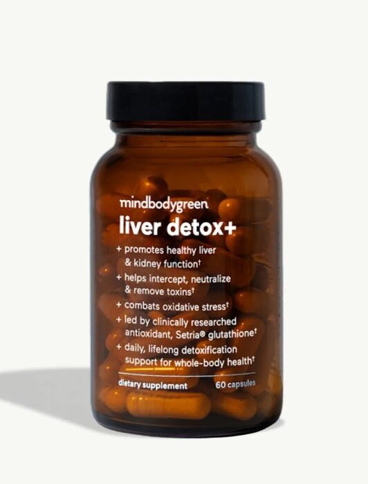 A brown bottle labeled “liver detox+” contains 60 capsules, promoting liver and kidney health, detoxification, and antioxidant support as a dietary supplement.