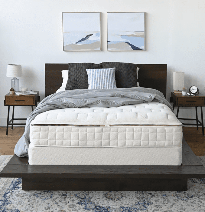 A neatly made bed with a white mattress, dark wood frame, gray bedding, and two abstract paintings on the wall above, flanked by nightstands with lamps and decor.