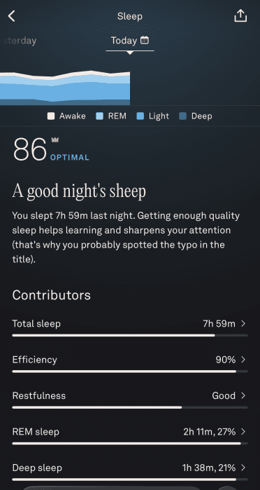 A sleep tracking app displays sleep stages, an optimal score of 86, and details such as total sleep time, efficiency, restfulness, and durations of REM and deep sleep.