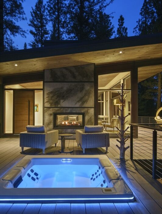 The pool and fireplace at The Green O. 