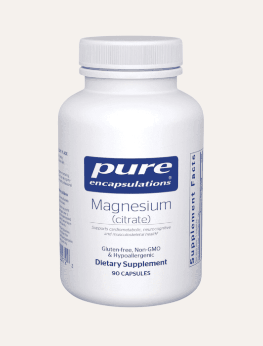 A white bottle of Pure Encapsulations Magnesium (citrate) dietary supplement, containing 90 capsules.