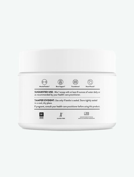 A white supplement container with text detailing suggested use, tamper-evident notice, and storage instructions. Labels include non-GMO, gluten-free, and icons for health benefits.
