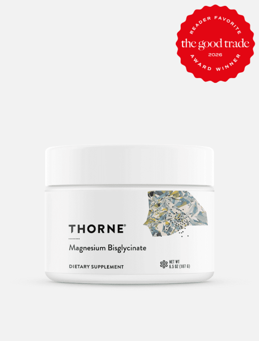A white jar of Thorne Magnesium Bisglycinate dietary supplement is shown with a red "Reader Favorite The Good Trade Award Winner 2026" badge in the top right corner.