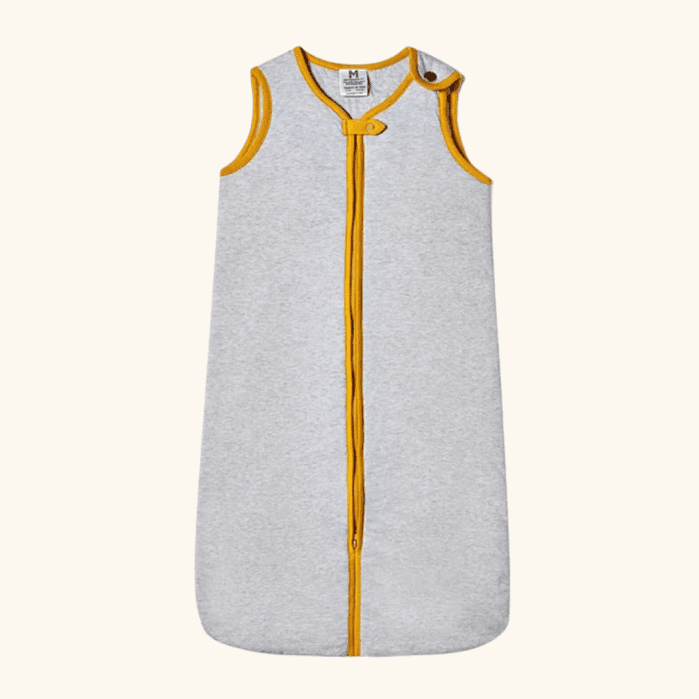 Sleeveless gray baby sleep sack with yellow trim and a front zipper, button closure at the neck, displayed on a plain background.