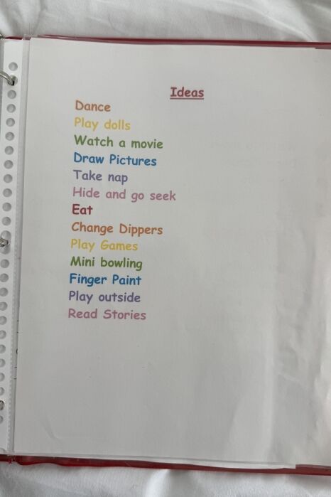 A list titled "Ideas" in colorful text with activities such as dance, play dolls, watch a movie, draw pictures, eat, mini bowling, finger paint, play outside, and read stories.